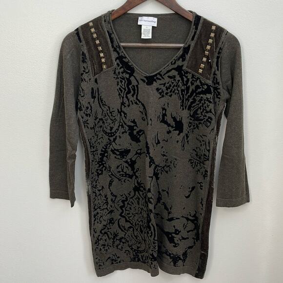 Soft Surroundings Green Crushed Velvet Print V-Neck Sweater Size S - Picture 1 of 4